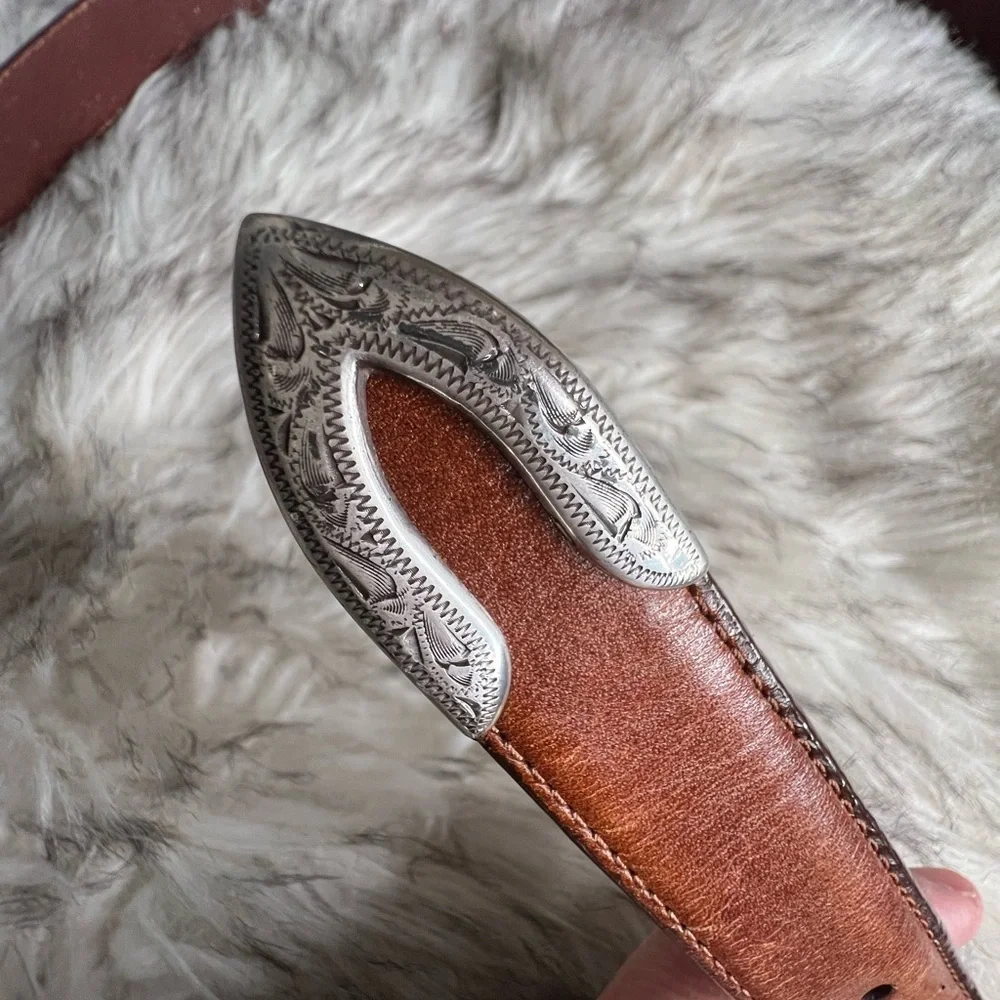 Nocona brown leather belt and ornate silver belt buckle